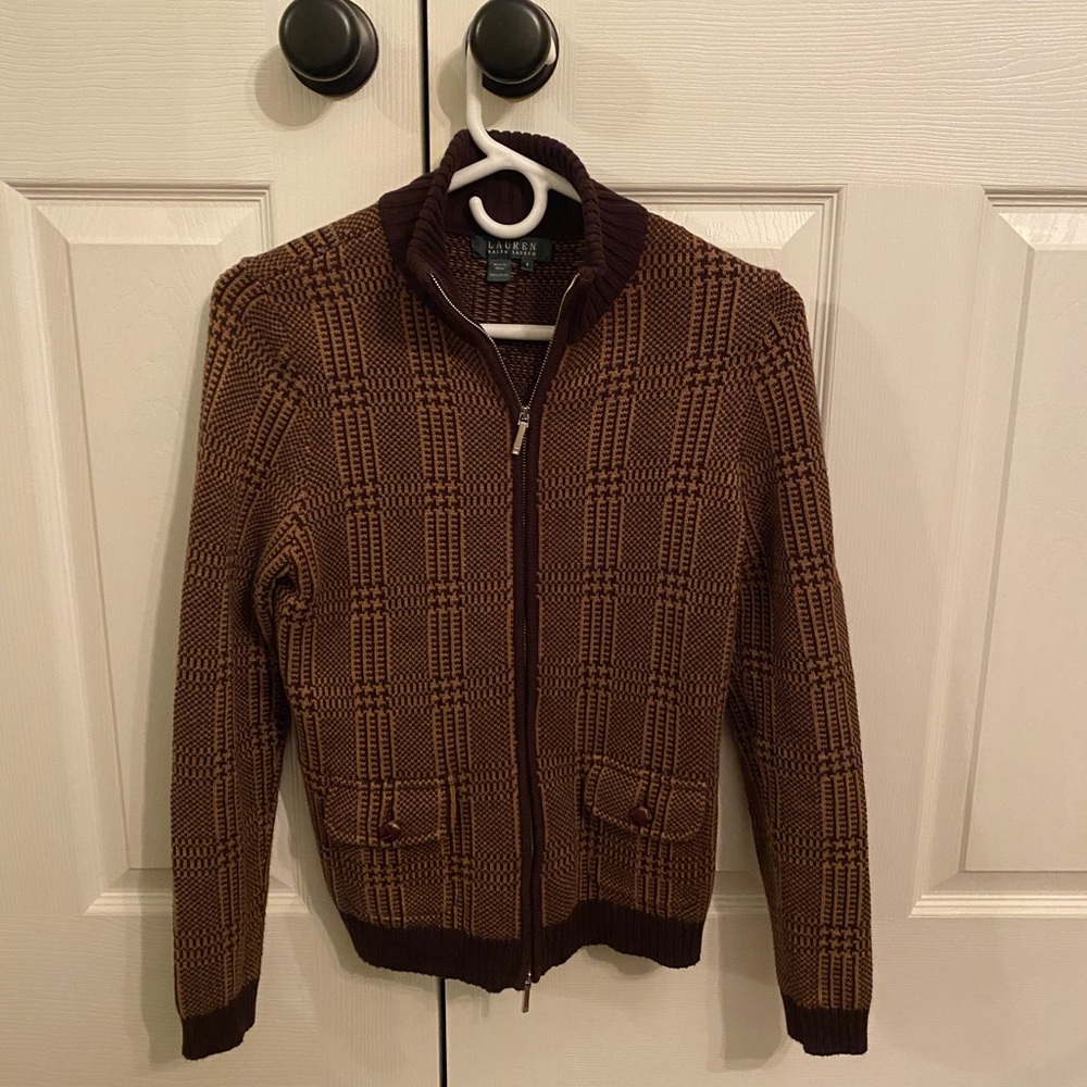 Brown Plaid Knit Ralph Lauren Zip-Up Sweater